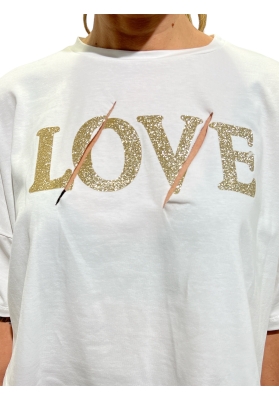 Haveone  - T-shirt bianca cropped boxy con stampa glitter oro e tagli