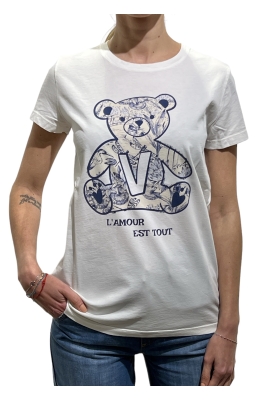 Vicolo - T-shirt  bianca mezza manica giro collo con stampa orso