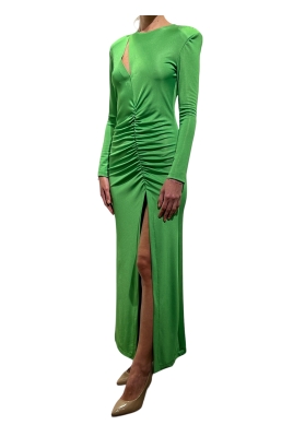 Vicolo - Vestito lungo verde mela manica lunga con drappeggio e spacco davanti