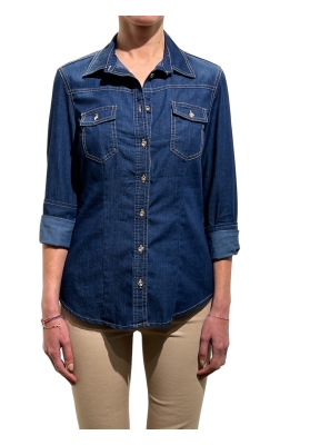 Camicia Rinascimento in jeans blu con taschine davanti