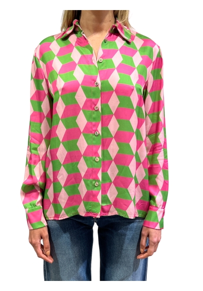 Camicia Wu'side fantasia geometrica rosa e verde