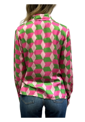 Camicia Wu'side fantasia geometrica rosa e verde