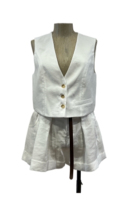 Vicolo - Completo misto lino bianco con gilet e shorts vita alta con cintura