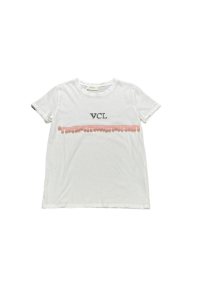 Vicolo - T-shirt bianca con nappine rosa