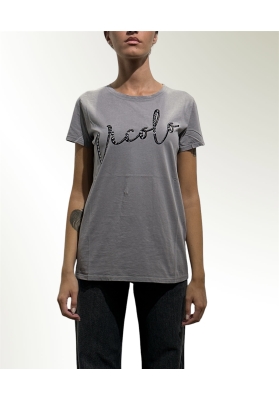 Vicolo - T-Shirt con borchie e strass grigia
