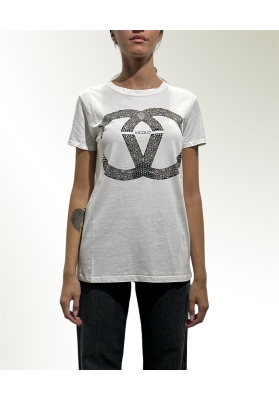 Vicolo - T-Shirt con stampa fiori e strass bianca