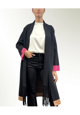 Vicolo - Cappotto in maglia con frangia e bordi a contrasto