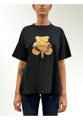 Vicolo - T-Shirt over con stampa orso e applicazione foulard nera