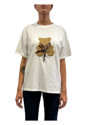 Vicolo - T-Shirt over con stampa orso e applicazione foulard bianca