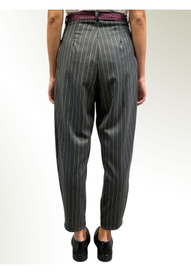 Haveone - Pantaloni gessati antracite con cinta cravatta in vita