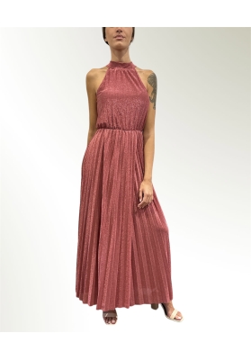 Vicolo - Vestito lungo plissè lurex scollo all'americana con fiocco rosa antico