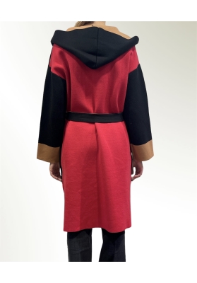 Vicolo - Cappotto in maglia tre colori con cappuccio e cinta