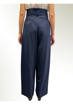Solotre - Pantaloni vita alta palazzo gessati con cintura blu