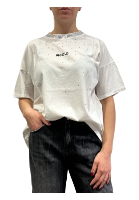 Vicolo - T-Shirt over con strass e manica al gomito bianca