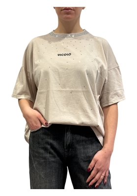 Vicolo - T-Shirt over con strass e manica al gomito beige