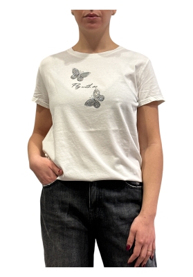 Vicolo - T-Shirt con farfalle strass bianca