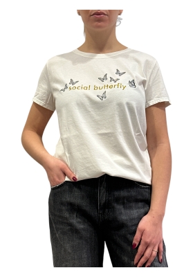 Vicolo - T-Shirt farfalle e scritta glitter bianca