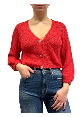 Vicolo - Cardigan cropped filo con bottoni gioiello rosso