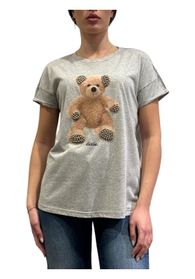 Dixie - T-Shirt con stampa orso e applicazione borchie grigia