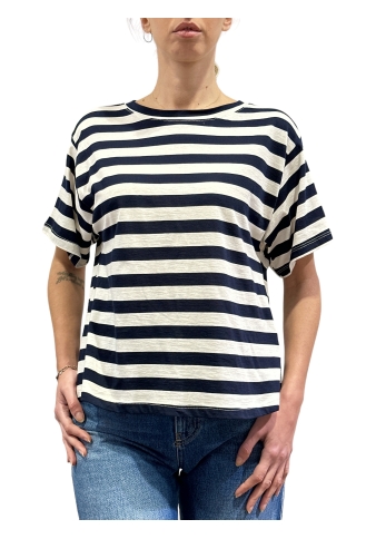 Vicolo - T-Shirt a righe con chiusura fiocco dietro bianca e blu notte