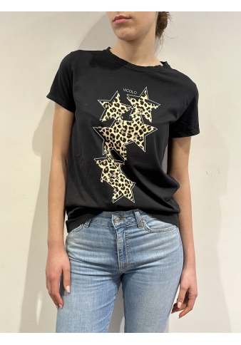 Vicolo - T-Shirt con stampa stelle fantasia animalier nera