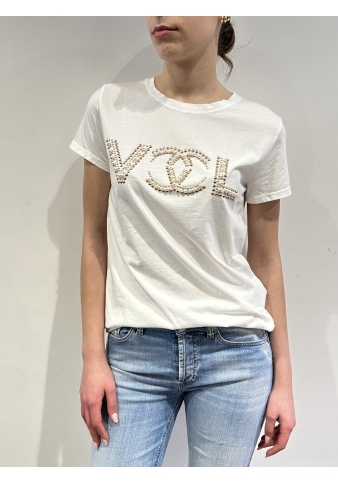 Vicolo - T-Shirt con applicazione strass e perle bianca