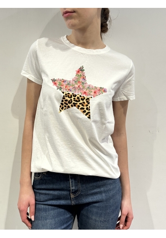 Vicolo - T-Shirt con stampa stella fantasia floreale e animalier bianca