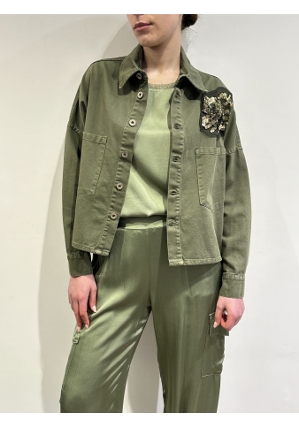 Dixie - Giacca in tela cotone con fiore in paillettes verde militare