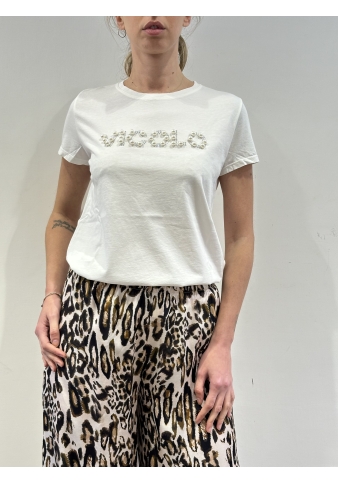 Vicolo - T-Shirt con applicazione strass e perle bianca