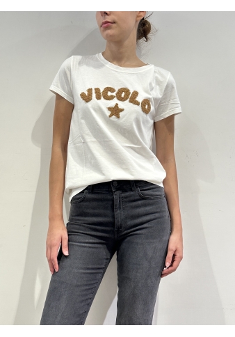 Vicolo - T-Shirt con stampa bouclé cammello e bianca