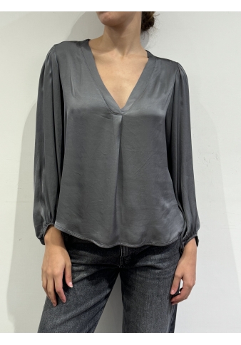 Haveone - Blusa scollo a V in satin grigia