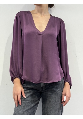 Haveone - Blusa scollo a V in satin melanzana