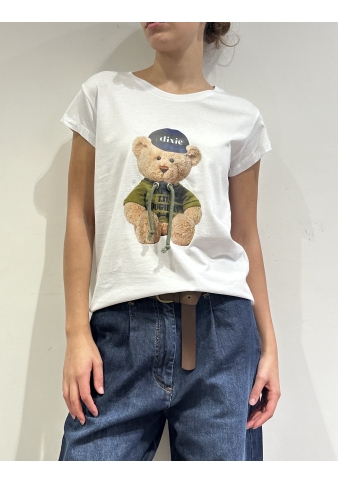 Dixie - T-Shirt con stampa orso bianca e verde