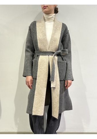 Vicolo - Cappotto in maglia con dettaglio pietre grigio e beige