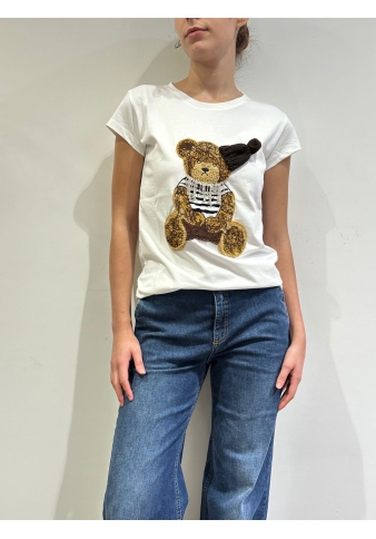 Vicolo - T-Shirt con orso in bouclé e cappello bianca