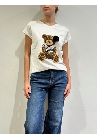 Vicolo - T-Shirt con orso in bouclé e rosa bianca