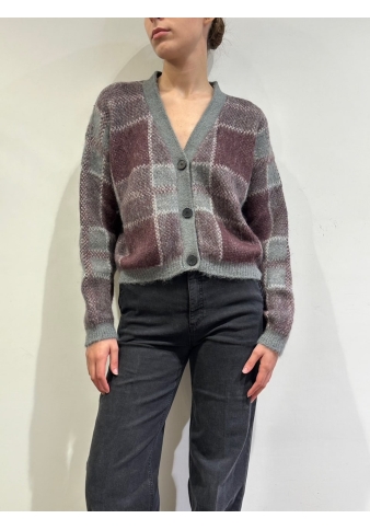 Vicolo - Cardigan in mohair a quadri bordeaux e grigio