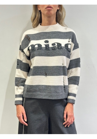 Dixie - Maglia a righe con rotture bianca e grigia