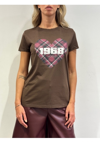 Vicolo - T-Shirt con stampa cuore check marrone