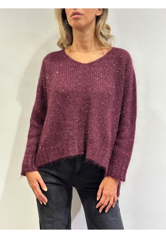 Kontatto - Maglia scollo a V con micro paillettes bordeaux