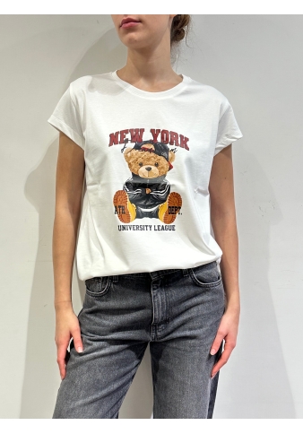 Vicolo - T-Shirt stampa orso new york bianca