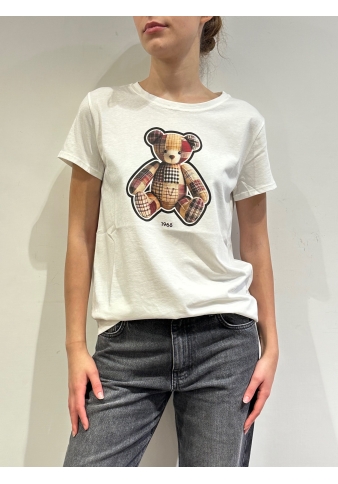 Vicolo - T-Shirt stampa orso check bianca