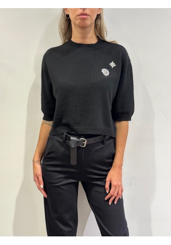 Vicolo - Maglia cropped con applicazioni gioiello nera