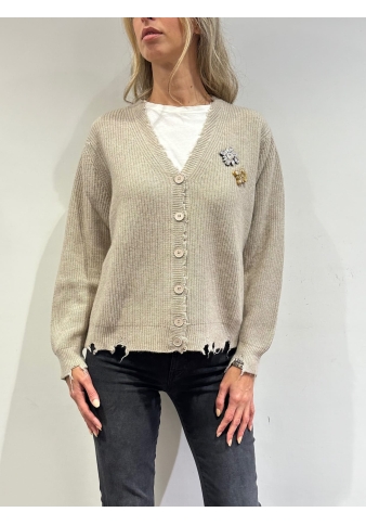 Vicolo - Cardigan con rotture e spille beige