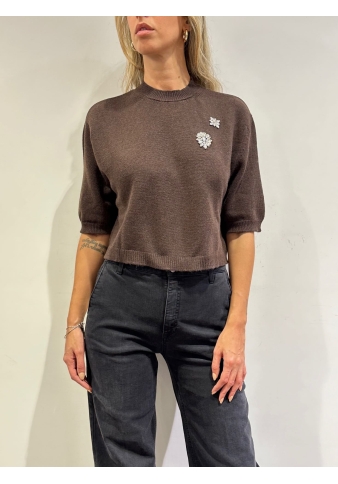 Vicolo - Maglia cropped con applicazioni gioiello marrone