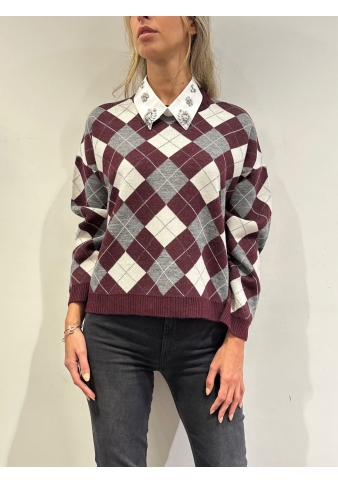 Haveone - Maglia fantasia rombi con colletto bordeaux