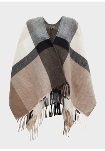 Nalì - Poncho con frange check beige e nera