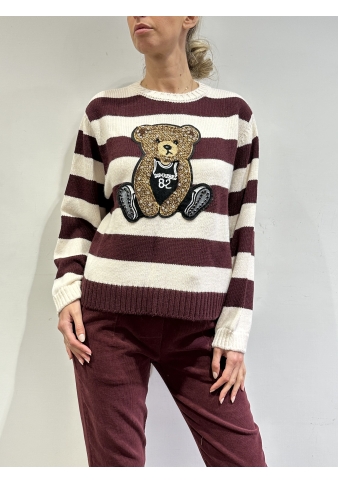 Motel - Maglia a righe con orso bordeaux