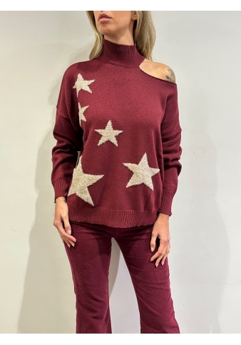 Motel - Maglia collo alto cut out stelle bordeaux e oro