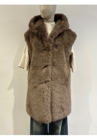 Motel - Gilet di ecopelliccia con cappuccio marrone